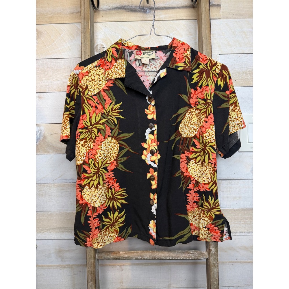 Hilo Hattie The Hawaiian Original Pineapple Floral Shirt Black Women Medium